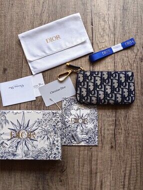 Dior Navy Blue and Cream Oblique Canvas Card Pouch with Gold Hardware